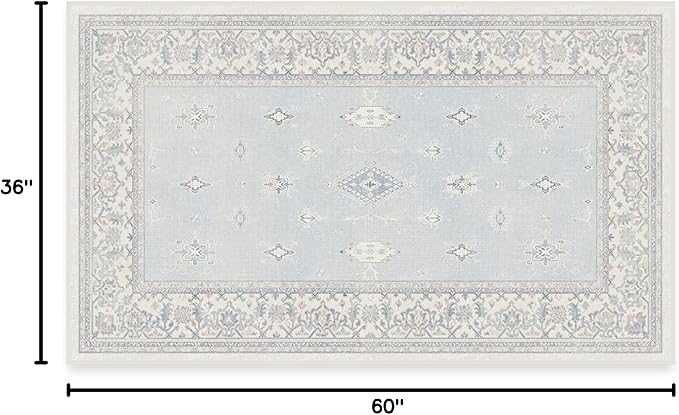 RUGGABLE Washable Vintage Area Rug – Verena Soft Blue 3x5, Stain-Resistant, Non-Slip – Small Machine Washable Rugs for Living Room, Bedroom, Hallway, Entryway & Office–with Standard Pad