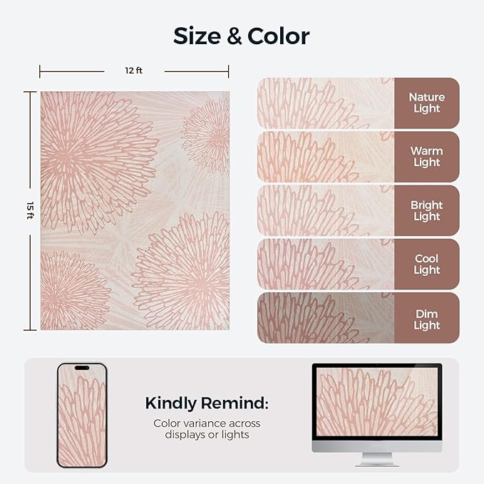 WITSHOCK Pink Rugs 12x15 for Bedroom Girls,Floral Modern Distress Print Pattern Carpet for Living Room Dining Room,Stain Resistant Anti Slip Backing Rugs for Kids Room Nursery Playroom,Light Pink