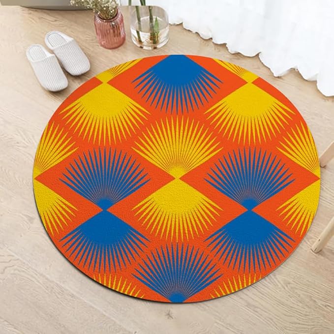 Vintage Blue Orange Round Rug Retro Pattern Print Area Rug Washable 3ft Circle Rugs for Living Room Bedroom Non Slip, Soft Indoor Floor Carpet for Kitchen Entryway Family Room