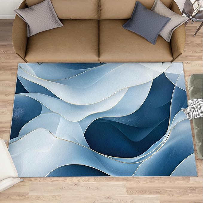 2x4 Abstract Lines Runner Rug for Hallway - Blue-White-Waves Kitchen Mat, Modern Abstract Kitchen Runner Rug Soft Non Slip Anti Fatigue for Laundry Room Indoor Hallways