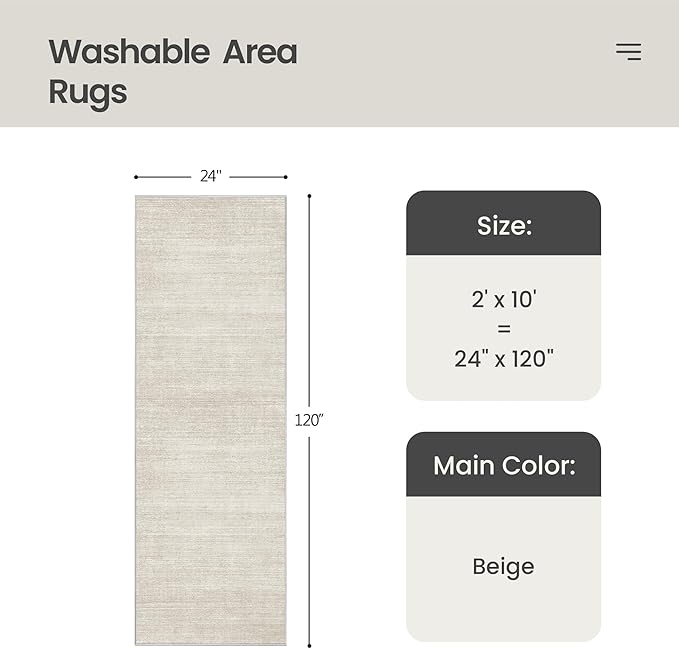 Valenrug Washable Rugs 2x10 - Stain Resistant 2x10 Area Rugs for Living Room, Non Slip Backing Large Area Rugs for Bedroom, Folable Machine Washable Area Rug (2'x10', Beige)