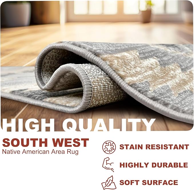 YHSF South West Native American Rug Ritz – Native Tribal American Indian Inspired Rug - Living Room, Bedroom, Hallway, Entryway & High-Traffic Area Rugs - Washable - Soft - Light Grey, 2 Feet x 7 Feet