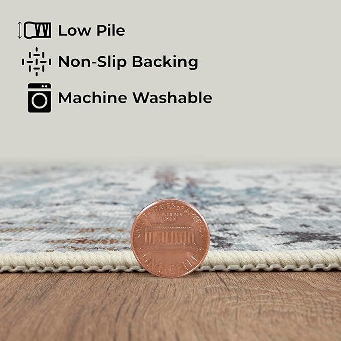 GLN Rugs Contemporary Collection - Machine Washable Area Rug, Contemporary Washable, Non Slip, Low Pile Chenille Rug, Living Room, Bedroom, Kitchen Rug (2'6" x 10' White/Grey/Blue/Brown)