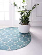 Rugs.com Lattice Frieze Collection Rug – 5' Round Light Blue Medium Rug Perfect for Kitchens, Dining Rooms
