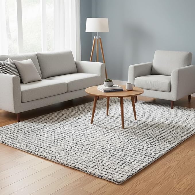 Hand-Tufted 100% Wool Pile Area Rug – Geometric Textured Grid Check Pattern – Thick and Durable Floor Carpet for Bedroom, Living Room, Kids Room, and Dining Area (Ivory Denim, 5' x 8')