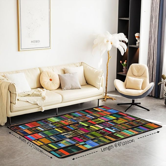 Books Large Area Rug 5x7 Rainbow Bookshelf Living Room Rug | Watercolor Book Shelf Rugs for Bedroom, Bookcase Bookrack Carpet Indoor Floor Mat