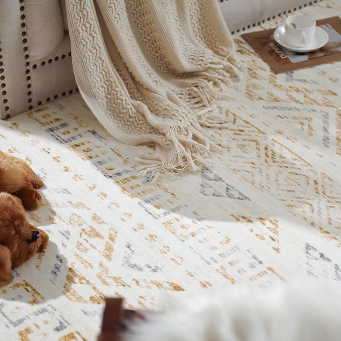 jinchan Boho 8x10 Neutral Area Rugs for Living Room - Machine Washable Moroccan Soft Throw Rug Bohemian Diamond Design Non-Slip Large Carpet for Bedroom Kitchen Dining Room Nursery (8‘x10', Tan/Grey)