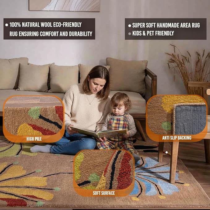 Rugsotic Carpets Hand Tufted Wool ECO-Friendly Area Rugs - 9'x12', Rectangle Shape, Camel, Floral Modern Design, High Pile Thick Handmade Anti Skid Area Rugs for Living Room, Bed Room (K00219)