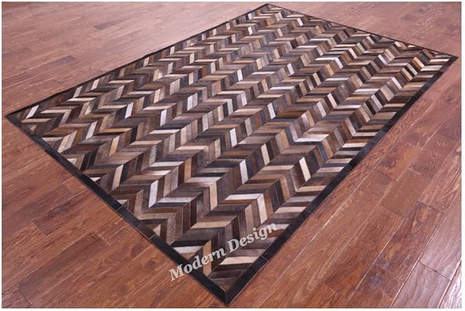 Modern Design Premium Cowhide Leather Carpet with Chevron Pattern, Area Rug (Natural Multi Brown, 9'6"x14'0)