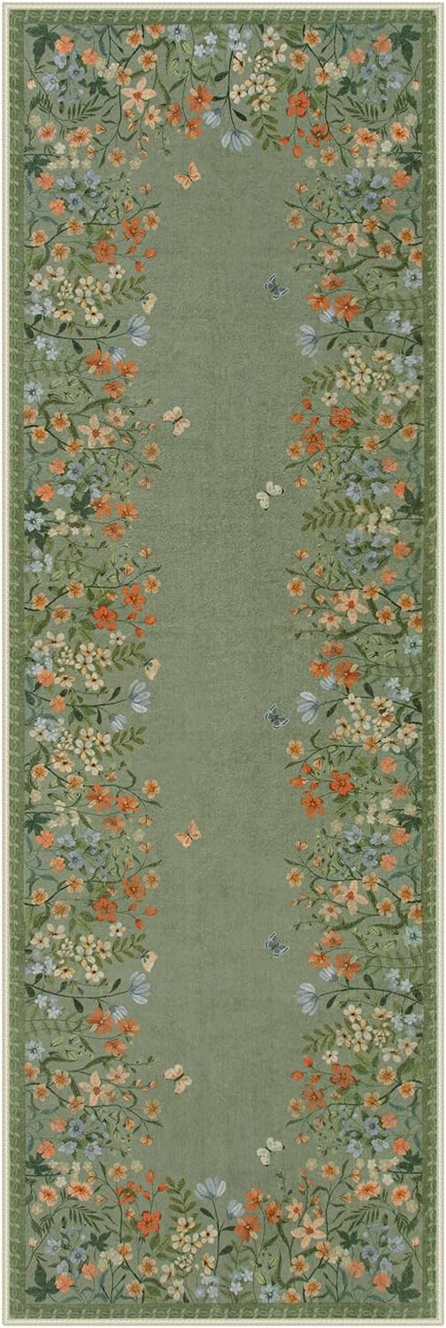 Wonnitar 2x6 Runner Rug for Hallways, Green Floral Bathroom Rugs Non Slip Washable Kitchen Runner, Low Pile Soft Botanical Runner for Girls Bedroom Laundry Room Bedside (Green,2'x6')