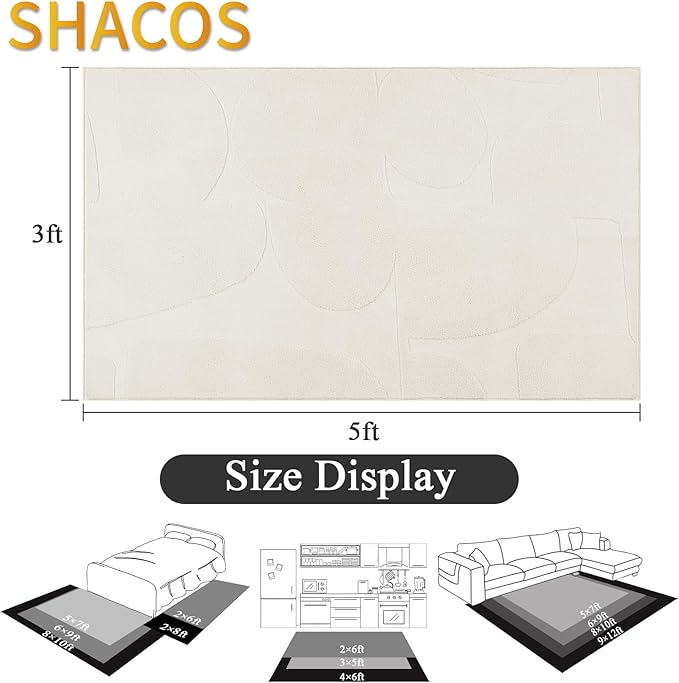 SHACOS Soft Cozy Fluffy Abstract Geometric High Low Pile Area Rugs 3'x5' Non Slip Washable Scandinavian Minimalist Rug Modern Carpet for Living Room Bedroom Bathroom, Cream