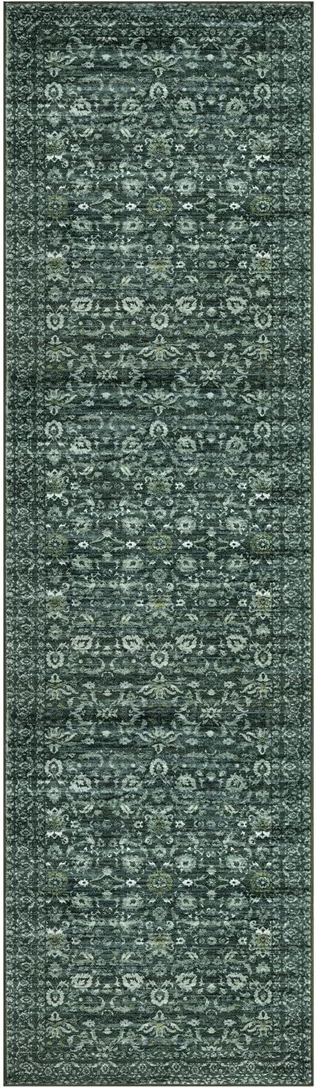 Vintage Floral 2x7 Runner Rug, Dark Green Washable Kitchen Runner Rug Non-Slip Hallway Rug Runner Boho Super Soft Thin Printed Faux Wool Carpet for Entryway Bedroom Laundry Room Indoor