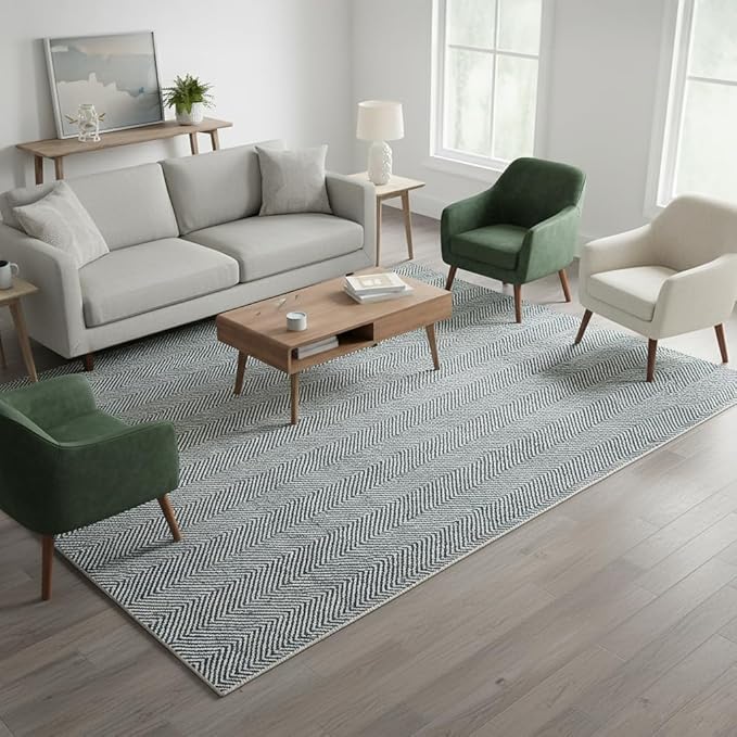 Modern Herringbone Chevron Collection Handcrafted Wool Area Rug - Durable, Zigzag Pattern, for High Traffic, Contemporary Design for Living Room, Bedroom, Dining Room Decor (Denim Blue, 6' x 6' sq)