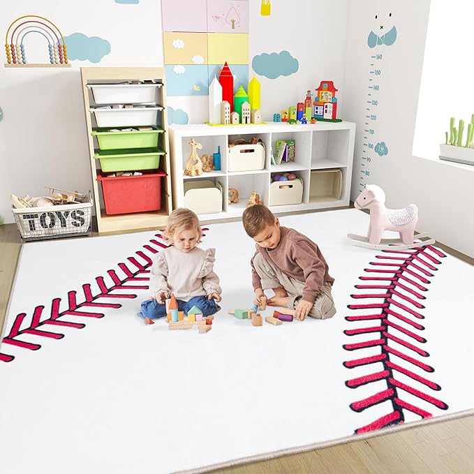 Baseball Soft Area Rug, Cute Bedside Shag Rug for Kids Toddlers Teens, Baseballs Lovers Room Decor Indoor Carpet for Kids Room Bedroom Living Room, Nursery, Machine Washable 6x9 FT