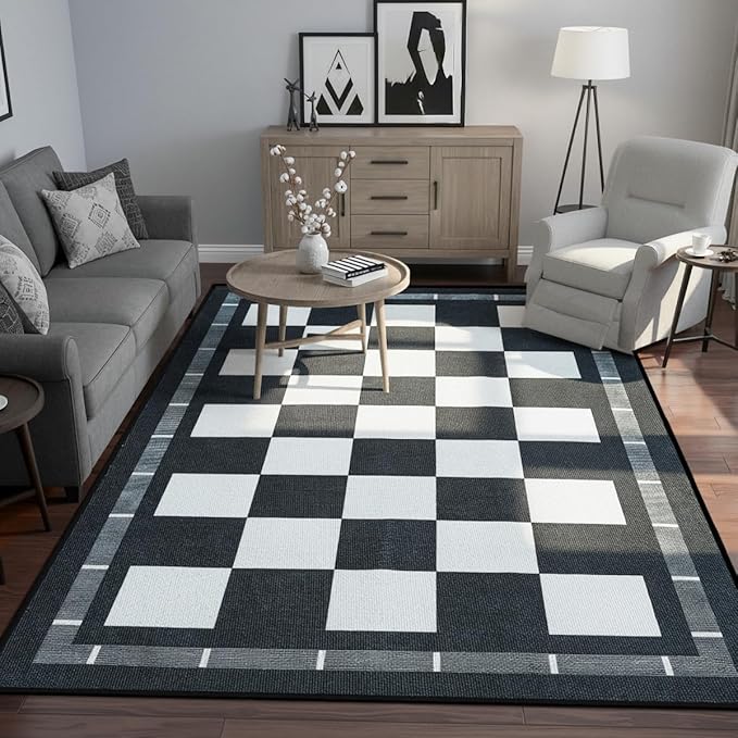 Vasofe Plaid 3x5 Outdoor Patio Rug,Checkered Jute Entryway Rugs, Washable Black and White Indoor Bedroom, Farmhouse Neutral Front Door Mat,Modern Carpet for Porch Patio Balcony Kitchen