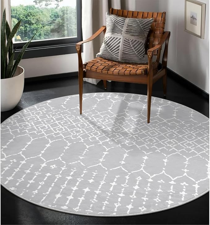 Lahome Moroccan 5Ft Round Rug Machine Washable Round Bedroom Carpet Grey Non-Slip Throw Circle Rugs for Living Room Low-Pile Large Round Rug, Modern Geometric Print Carpet for Office Dining Room