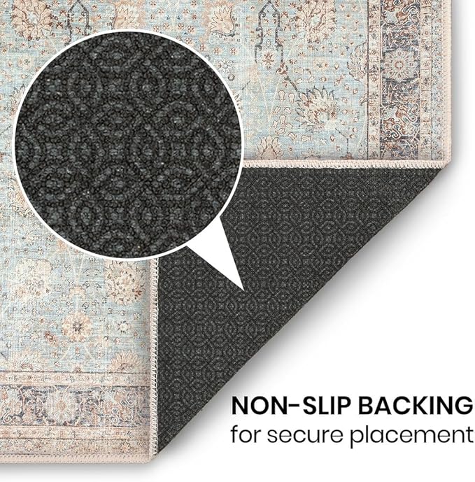 GLN Rugs Traditional Collection - Machine Washable Area Rug, Traditional Washable, Non Slip, Low Pile Chenille Rug, Living Room, Bedroom, Kitchen Rug (4' x 6' Light Blue)