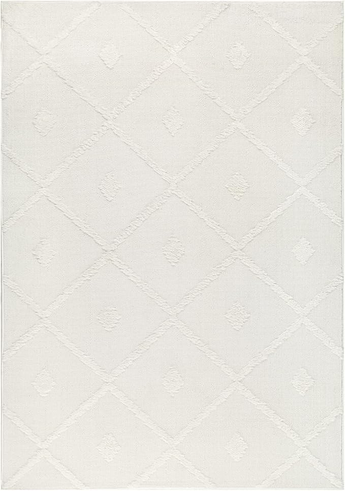 Antep Rugs Palafito 5x7 Geometric Shag Diamond High-Low Pile Textured Indoor Area Rug (White, 5'3" x 7'6")