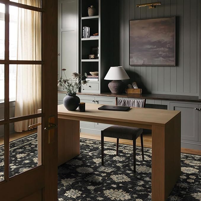 Washable Area Rug 5x8 - Traditional Floral Living Room Rug Soft Bedroom Rug Ultra-Thin Charcoal Black Vintage Farmhouse Bohemian Dining Room Rugs for Under Table Indoor Carpet for Living Room
