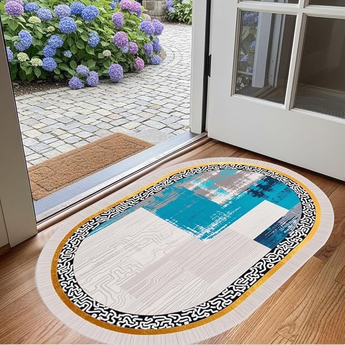 Vintage Luxury Grey Blue Gold Abstract Geometric Texture Oval Area Rug 4x6 for Living Room Bedroom Dining Room Minimalist Bordered Large Rugs Nursery Dorm Kitchen Entryway Soft Non Skid Floor Carpet