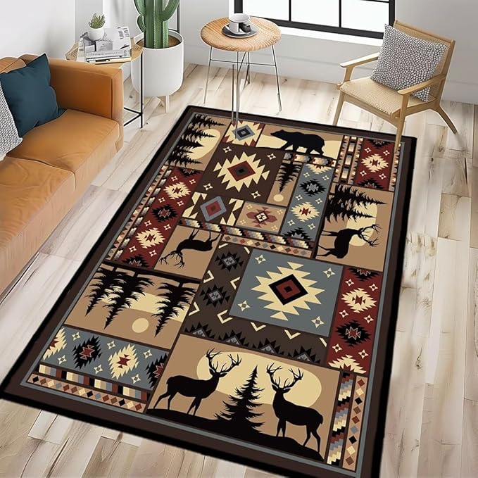 Rustic Cabin Wildlife Area Rug 5x7 Living Room Rug,Buffalo Plaid Bear Moose Deer Country,Vintage Throw Rugs Carpet for Dining Room Washable Bedroom Rug Non Slip Floor Carpets for Office,Kids Playroom