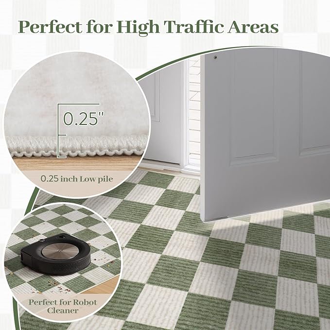 LIVEBOX Checkered Round Rug 4 Ft Washable Area Rug for Playroom, Kids Non-Slip Neutral Classic Circle Rug Geometric Large Carpet Soft Boys Rug for Classroom Dorm Bedroom(Green,120R)