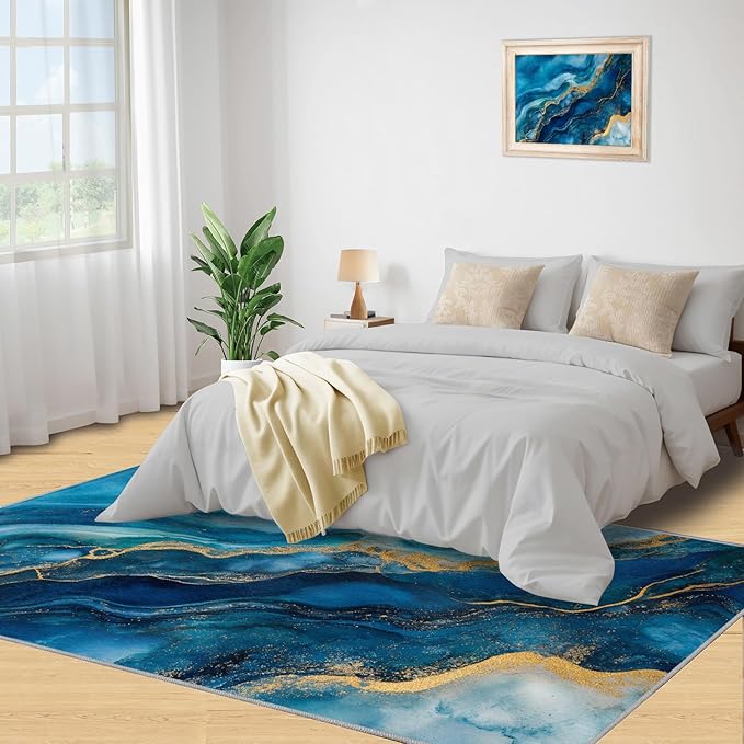 Blue Gold Marble Rugs for Bedroom - 4x5 Area Rug - Modern Fashion Marble Rugs for Living Room, European Light Luxury Art Rug, Washable Home Decor Carpet