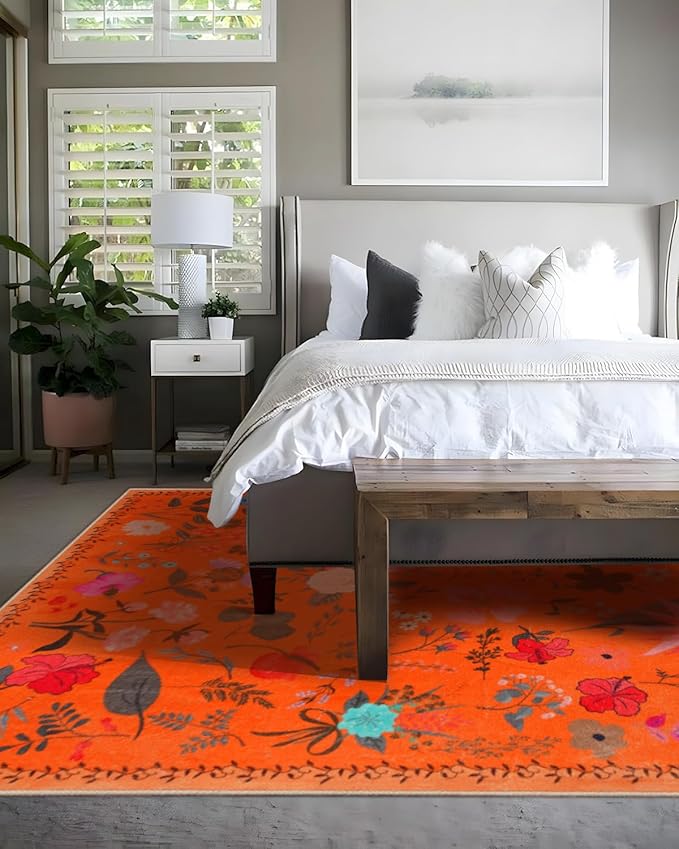 Area Rug 9x12, Washable Large Rugs for Living Room, Non Slip 0.27" Low Pile Vintage Floral Large Carpet for Bedroom, Dining Room, Kids Playroom (Orange)