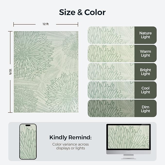 WITSHOCK 12x15 Washable Rug for Living Room,Modern Floral Distress Print Pattern Area Rugs,Stain Resistant with Non Slip Backing Carpet for Dining Room,Bedroom & Home Decor,Green/Light Green