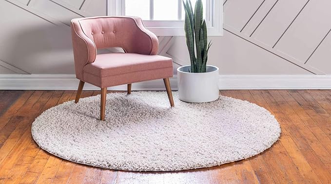 Unique Loom Davos Shag Collection Area Rug - Solid (5' 1" Round, Linen)