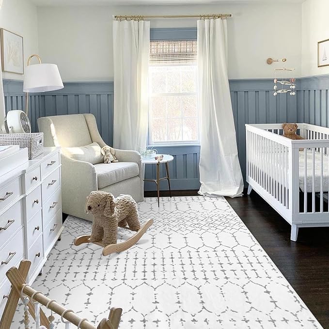 Lahome Moroccan Machine Washable Rugs - 6x9 Rug for Living Room Non-Slip Large Area Rug Lightweight Throw Non-Shed Dining Room Rug, Geometric Print White Soft Floor Carpet for Bedroom Classroom Office