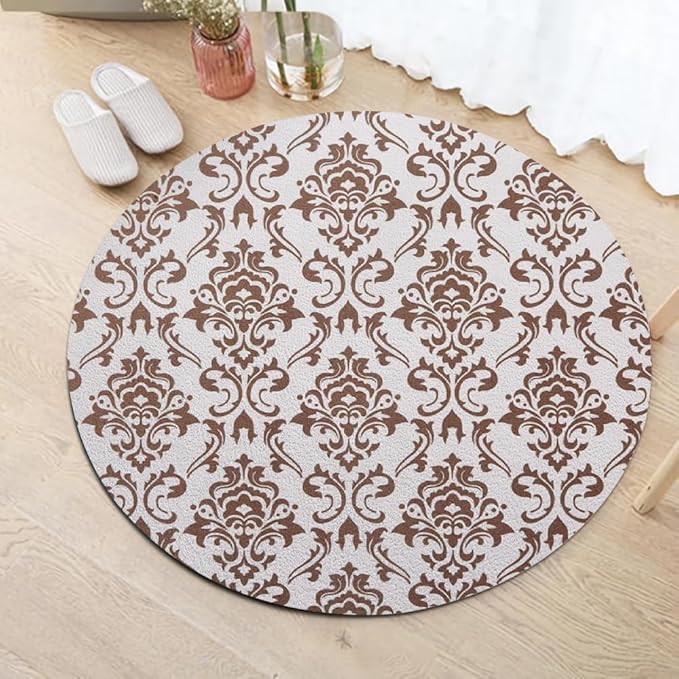 Oriental Tribal Floral Round Rug Vintage Brown Pattern Area Rug Washable Soft Non-Slip Floor Carpet Low Pile Accent Rugs for Entryway Living Room Dining Room Bedroom Home Office 3ft