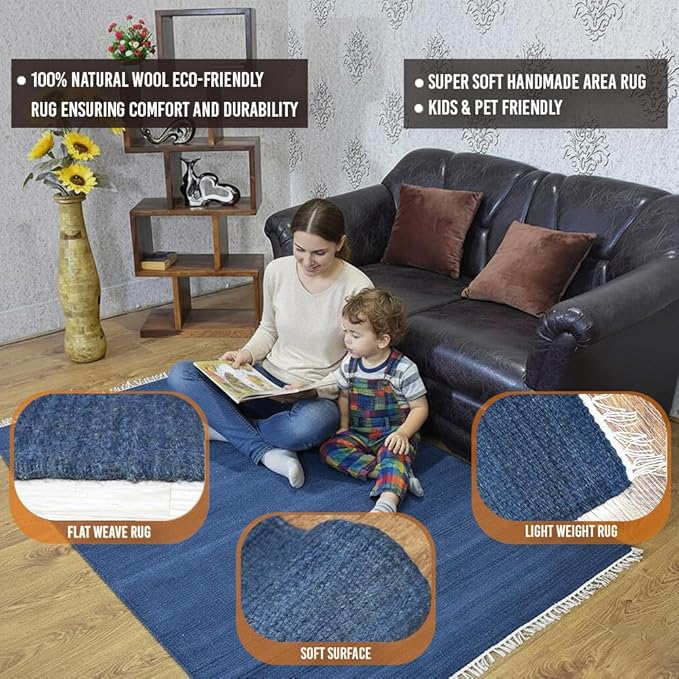 Rugsotic Carpets Hand Woven Flat Weave Kilim Wool ECO-Friendly Area Rugs - 10'x13', Rectangle Shape, Blue Color, Solid Plain Design, Low Pile Handmade Rugs for Living Room, Bed Room (D00111)