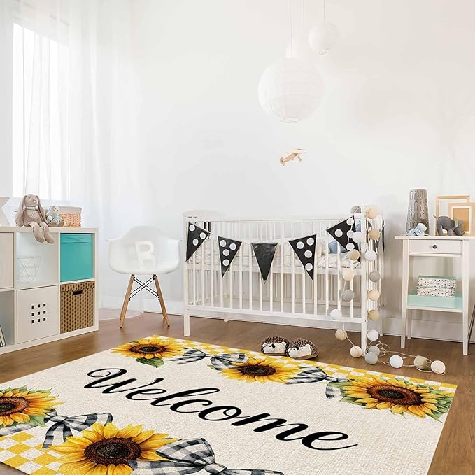 Summer Sunflowers Rectangular Welcome Area Rugs for Living Room Bedroom 5 x 8 ft Bow Tie Plaids Non-Shedding Soft Low Pile Rug Rustic Linen Non Slip Washable Rug for Nursery Entryway Playroom