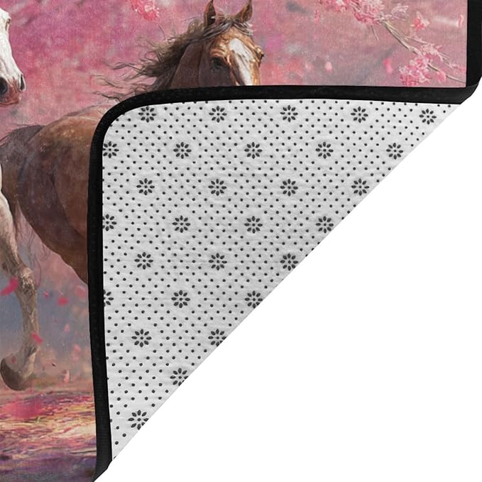 Galloping Horse Cherry Blossom Area Rug Washable Outdoor Rugs Anti-Slip Soft Carpet Entryway Indoor Door Mat for Bedroom,Living Room,Porch,Terrace and Entrance Decor 2'x 1.4'