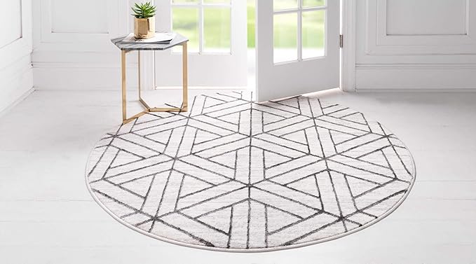 Rugs.com Lattice Trellis Collection Rug – 3 Ft Round White Low-Pile Rug Perfect for Kitchens, Dining Rooms