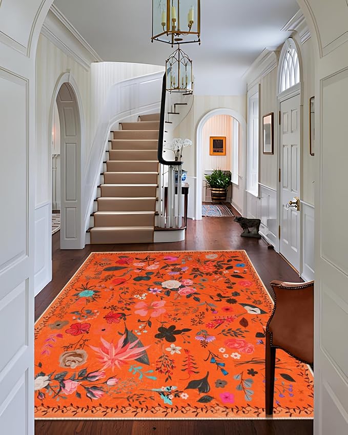 Area Rug 9x12, Washable Large Rugs for Living Room, Non Slip 0.27" Low Pile Vintage Floral Large Carpet for Bedroom, Dining Room, Kids Playroom (Orange)