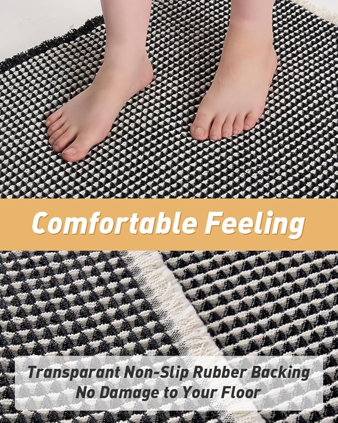 AMOAMI Upgraded Waffle Runner Rug Super Absorbent Non Slip Bath Mats for Bathroom Machine Washable Bathroom Runner Rug with Tassels, Ideal for Hallway Bedroom Laundry Room, 2' x 4', Black & Cream