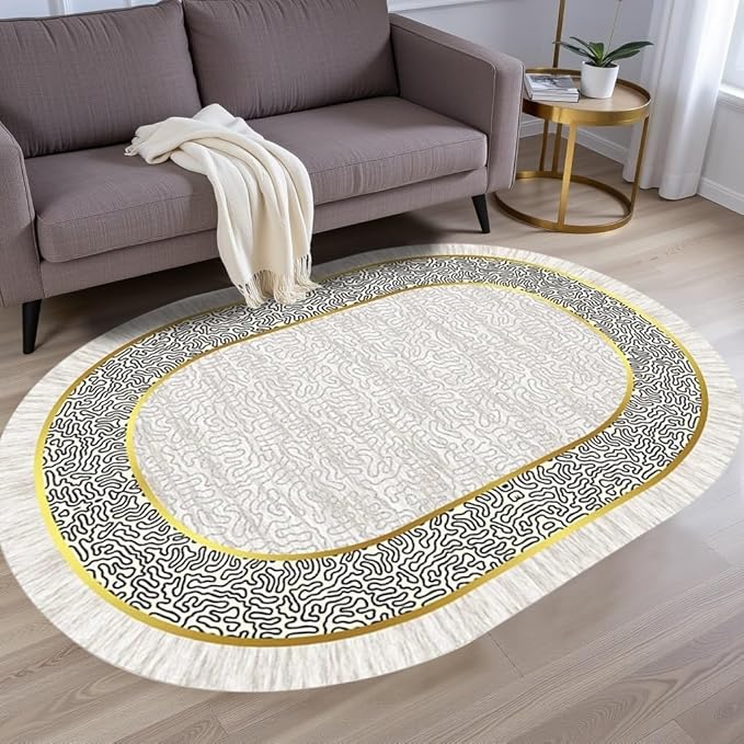 Off White Black Gold Indoor Rugs Modern Minimalist Abstract Geometric Pattern Home Office Area Rug 5x8 for Livingroom Bedroom Dining Room Soft Durable Non Skid Carpet Under Table Bordered Floor Mat