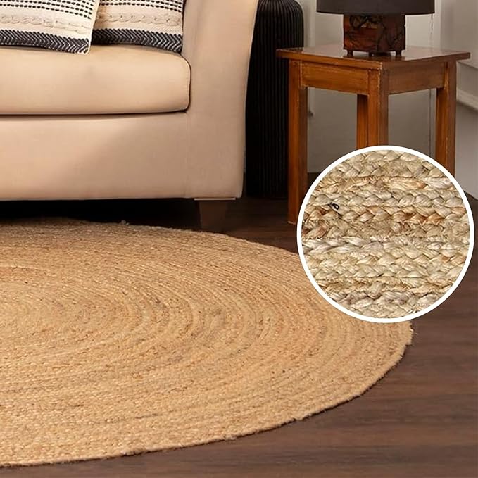 REDEARTH · Round Area Rug - Hand Woven Braided 100% Natural Jute - Artisan Made Reversible Boho Jute Rugs for Bedroom - Kitchen - Living Room - Farmhouse - Aesthetic Home Decor (8' Feet - Natural)