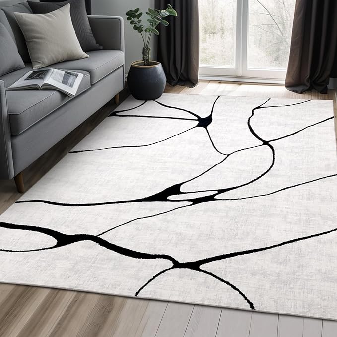 YIHOUSE Abstract 6'x9' Black and White Rug- Washable Area Rug for Living Room Bedroom, Large Modern Non-Slip Ultra-Thin Rug Home Decor,Warping,6x9ft