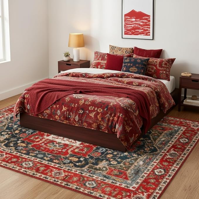 Enkor Area Soft Rugs 5x7 Washable Non Slip Boho Floor Rugs for Living Room Bedroom, Vintage Style Farmhouse Mat for Kitchen Entryway Red & Blue