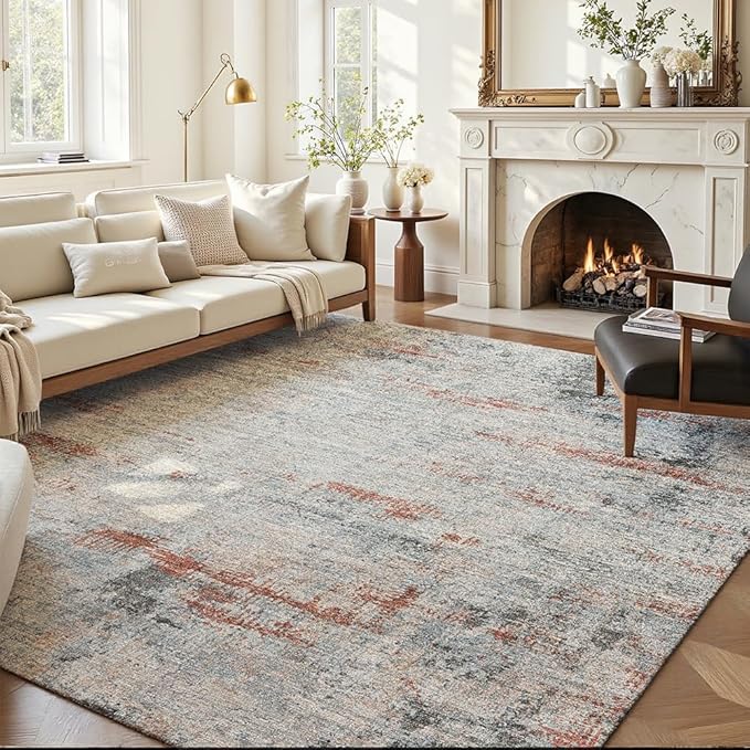Area Rug 8x10 Washable Rug Grey and Brown for Living Room, Dining Room, Bedroom, Large Carpets, Non Slip & Non-Shedding Low Pile Vintage Print Rug for Home Office Decor