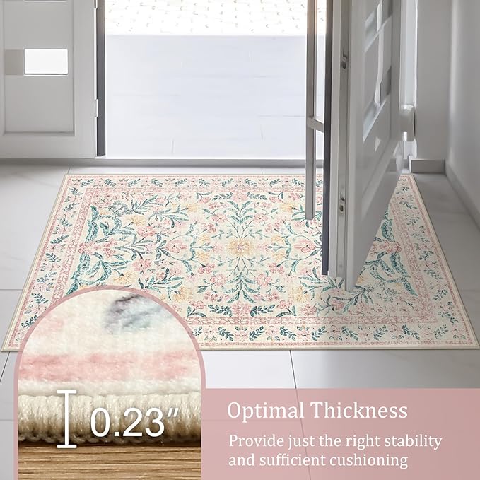 Morebes Washable Area Rugs 9x12 Living Room, Large Pink and White Floral Rug for Bedroom, Ultra-Thin Boho Rug Non Slip Distressed Soft Carpet for Nursery Girls Home Dining Room Decor