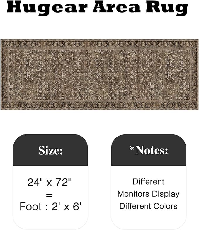 HUGEAR 2x6 Runner Rug Machine Washable Brown Hallway Area Rugs Indoor Accent Rugs Floral Low Pile Carpet Distressed Throw Rug Bedroom Living Room Office Dining Kitchen Laundry Non Slip