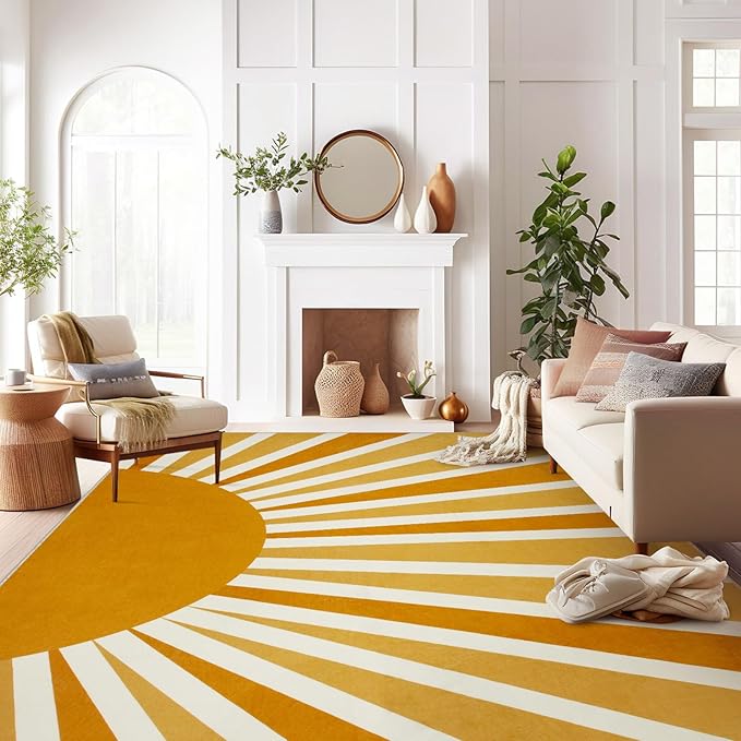 Lahome 10' x 14' Boho Rainbow Sun Faux Wool Area Rug, Soft, Washable, Non Slip, Lightweight, Rectangular