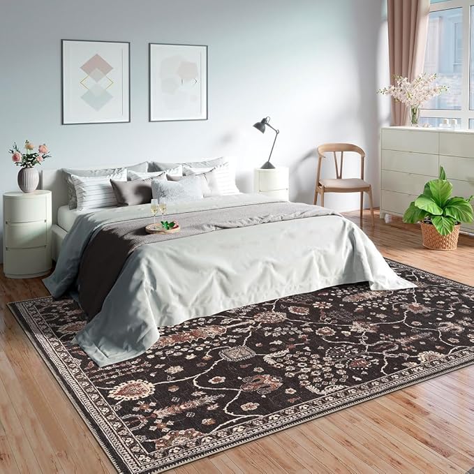 GLN Rugs Traditional Collection - Machine Washable Area Rug, Traditional Washable, Non Slip, Low Pile Chenille Rug, Living Room, Bedroom, Kitchen Rug (9' x 12' Black)