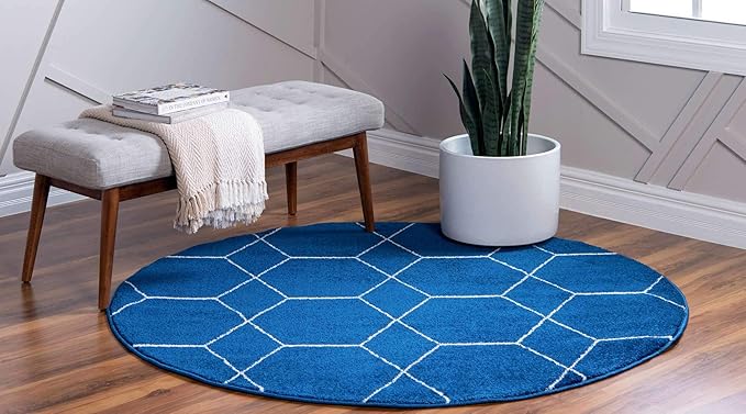 Unique Loom Trellis Frieze Collection Area Rug - Geometric (5' 1" Round, Navy Blue/ Ivory)