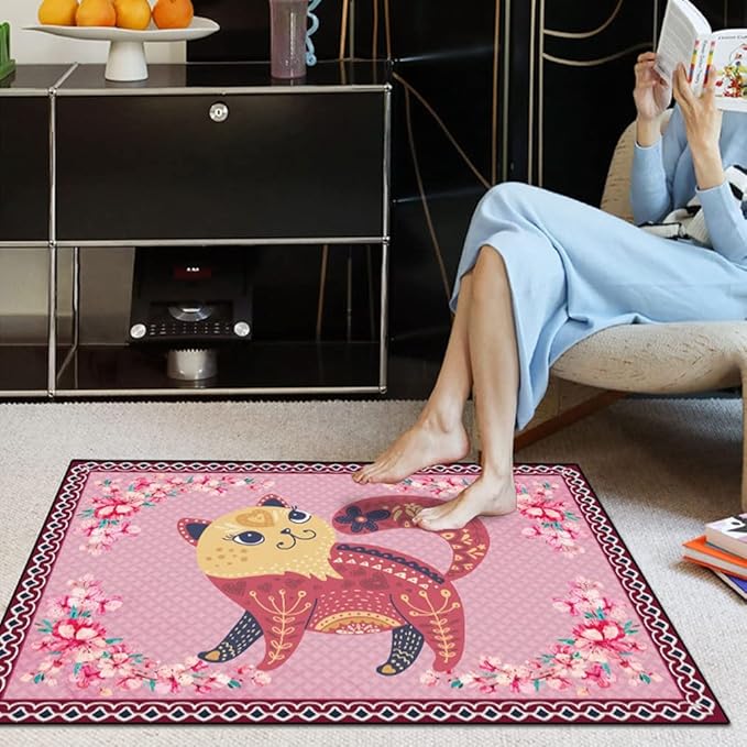 Cartoon Animal Pattern Area Rug Cute Cat Luxury Floral Decor for Carpet Farmhouse Bedroom Living Room Rugs Bathroom Kitchen Runner Mat Indoor Outdoor Non Slip Doormat 2.6' X 4'