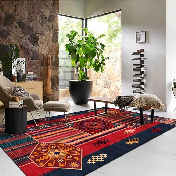 Vintage Boho Area Rugs Multicolor Ethnic Style Geometric Splicing Carpets Bedroom Living Room Kitchen Floor Mats Indoor Outdoor Non-Shedding Runner Rug Home Décor Carpet 2.6' X 5.2'